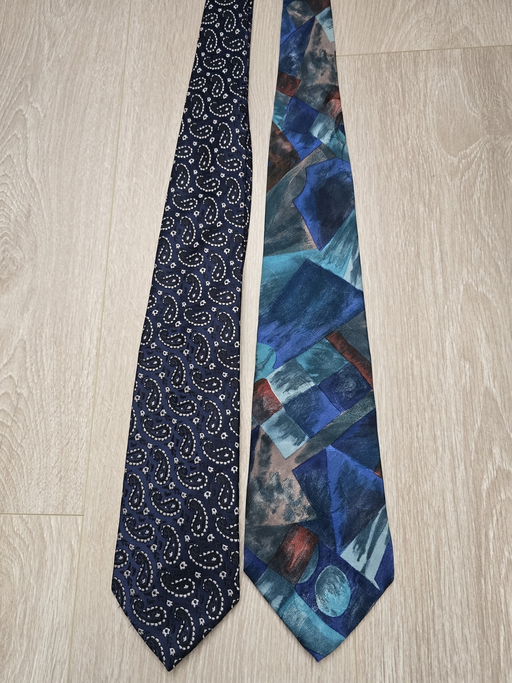 2 Silk Ties Navy Paisley and Teal Abstract Men's Italy Vintage